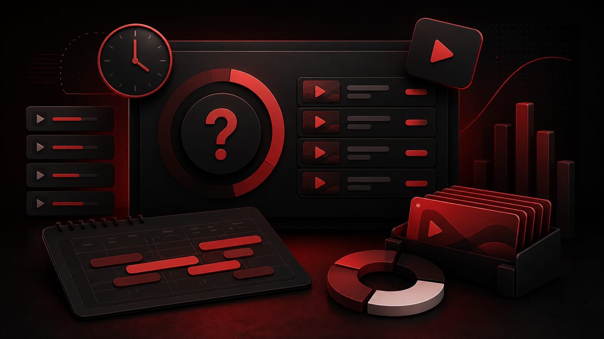 Dark red YouTube playlist duration planner illustration with video rows, a clock, and watch-time blocks