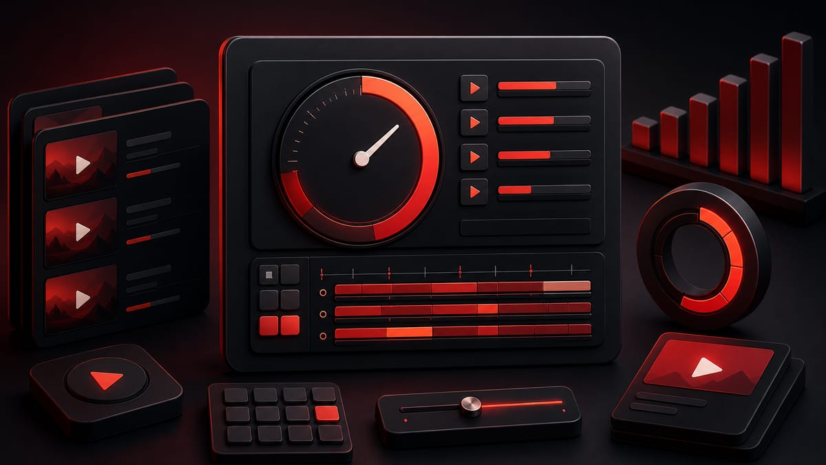 Dark red playlist duration calculator illustration with video rows, timer blocks, and watch-time planning cards