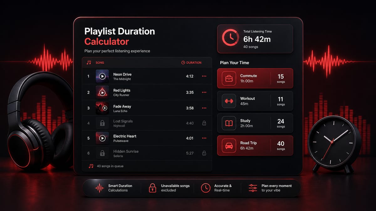 Dark red YouTube Music playlist duration illustration with music queue rows, timer blocks, and travel planning cards