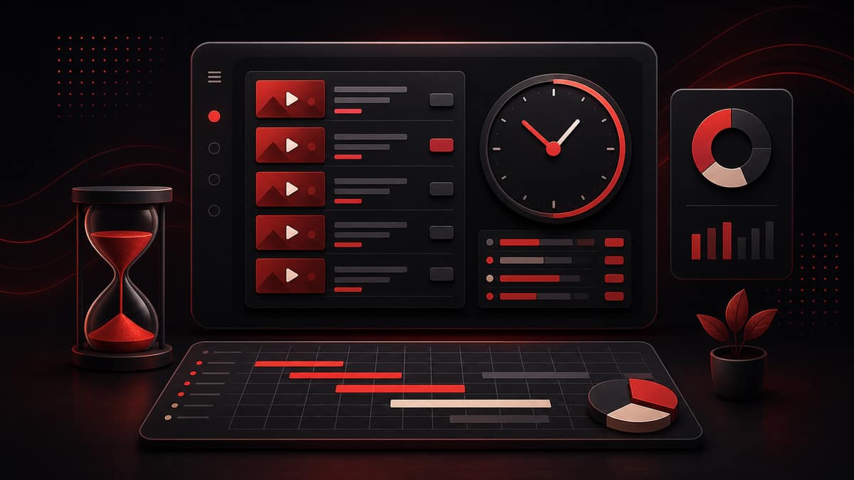 Dark red YouTube playlist length planner illustration with playlist rows, a clock, and watch-time blocks
