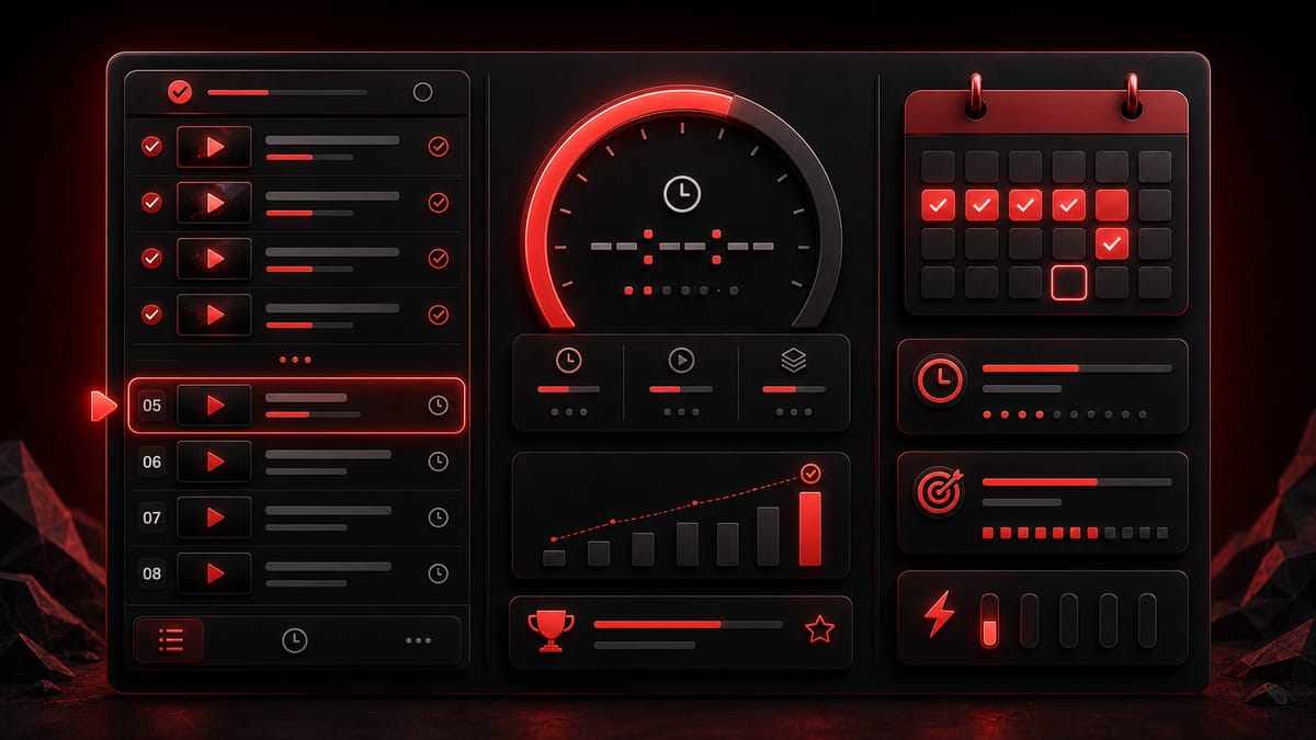 Dark red YouTube playlist remaining time illustration with unfinished video rows, timer blocks, and a daily finish plan