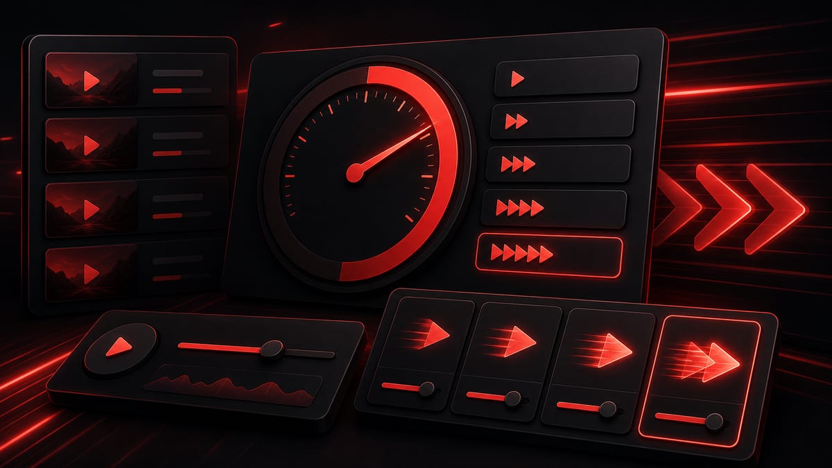 Dark red YouTube playlist speed calculator illustration with playback speed cards, video rows, and timer blocks