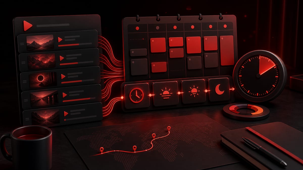 Dark red YouTube playlist time calculator illustration with watch-time blocks, video rows, and a timer layout